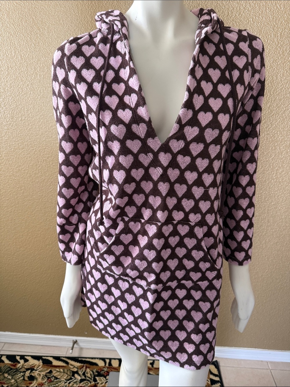 Juicy Couture Pink and Brown Heart Print Swim Coverup Hoodie